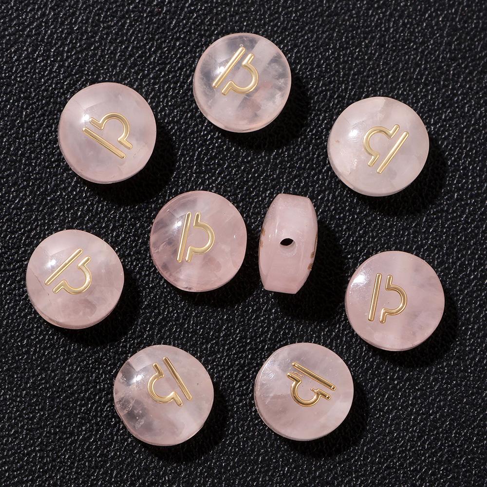 5pcs 8MM Pink Natural Rose Quartz Flat Round 12 zodiac signs constellation Stone Charms For DIY Making Jewelry