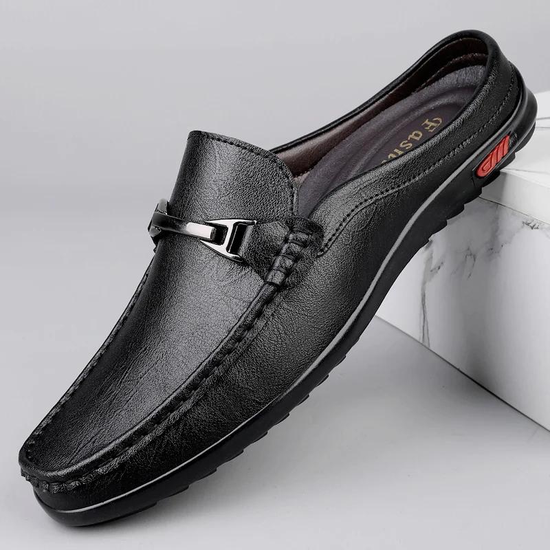 Hot Sale Mens Casual Muller Shoes Business Leather Men Half Slippers Summer Breathable Half Drag Slip-on Lazy Loafers Moccasins