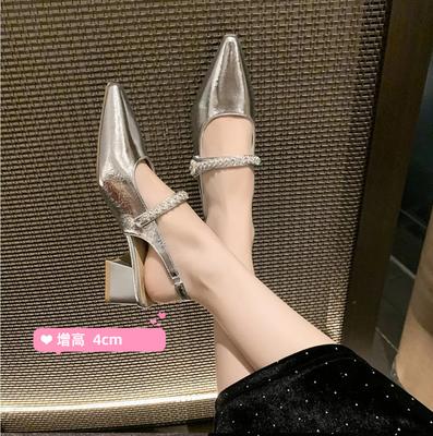 Sandales argentées à tête de sac été nouvelles chaussures Mary Jane talon épais à talons hauts pointus femmes