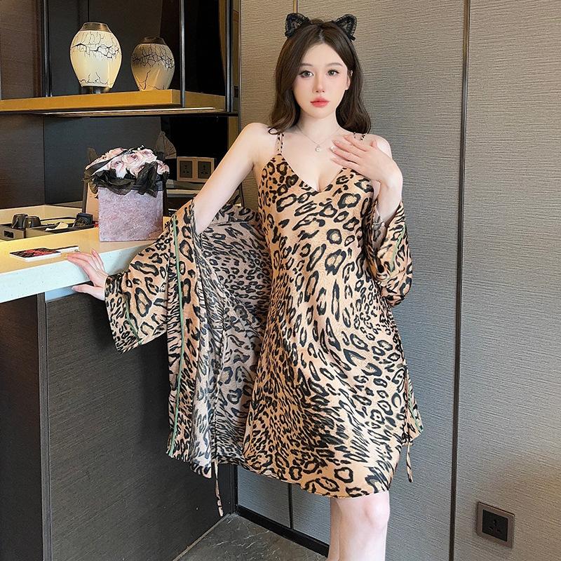 Ice silk pajamas women s summer long-sleeved large-size leopard print loungewear suspender nightgown nightgown set M