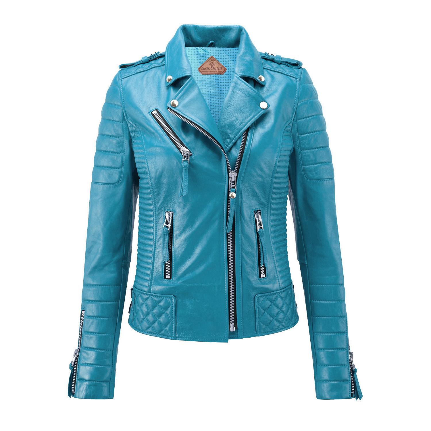 

SKINOUTFIT Women s Motorcycle Leather Jacket Genuine Turquoise Blue Lambskin Cafe Racer Biker Outerwear S синій