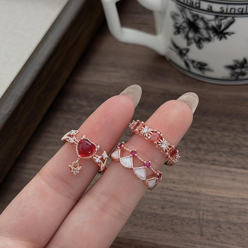 Rose Gold Sweet Cool Girl Wind Crown Red Zircon Love Wings Enamel Open Ring With Diamonds Niche Design Women
