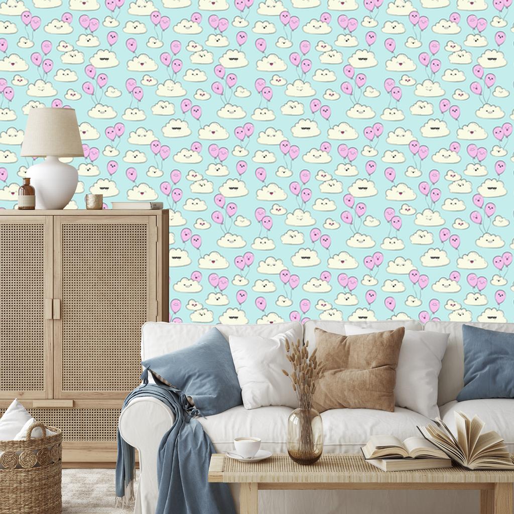 Joyful Clouds and Pink Balloons Wallpaper for Living Room and Bedroom 50x1000
