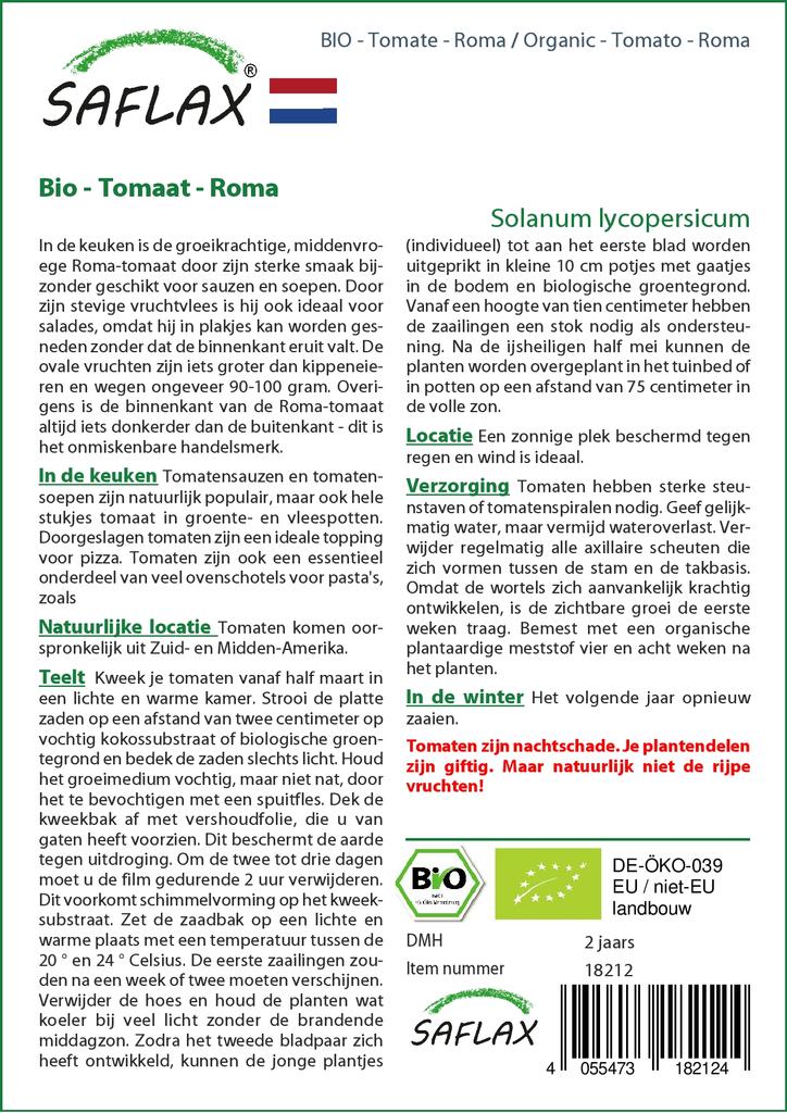 SAFLAX Garden In the Bag - Organic - Tomato - Roma - 15 Seeds - With Substrate In a Fitting Stand Up Bag - Solanum Lycopersicum