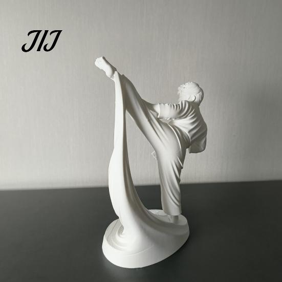 Handmade Style Craft 3D Printed Karate Kick Man Statue, White Martial Arts Figurine Sculpture, Dynamic Pose Taekwondo Character Desktop Ornament,
