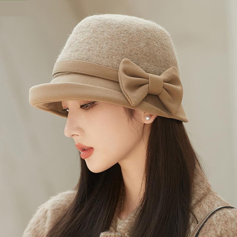 Pălărie Doamnă Toamnă și Iarnă Temperament Retro Pălărie Găleată cu Fundă Creponată