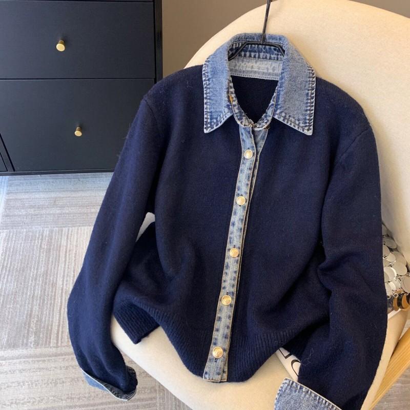 Womens Knit Cardigan With Denim Patchwork Detail V-Neck Long Sleeve Oversized Sweater 2025
