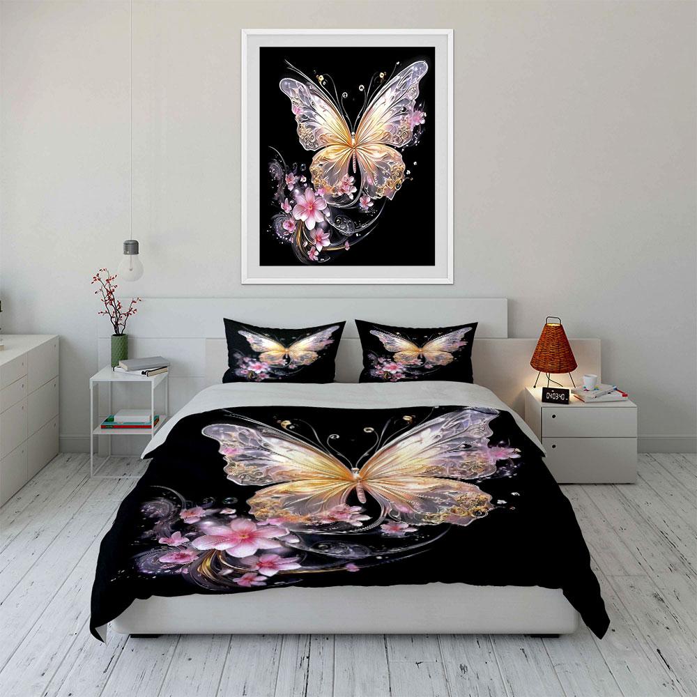 Sparkling Butterfly With Pink Flowers Duvet Cover Set With 3D Printing Design Soft Polyester Bedding Set All-Season Comfort