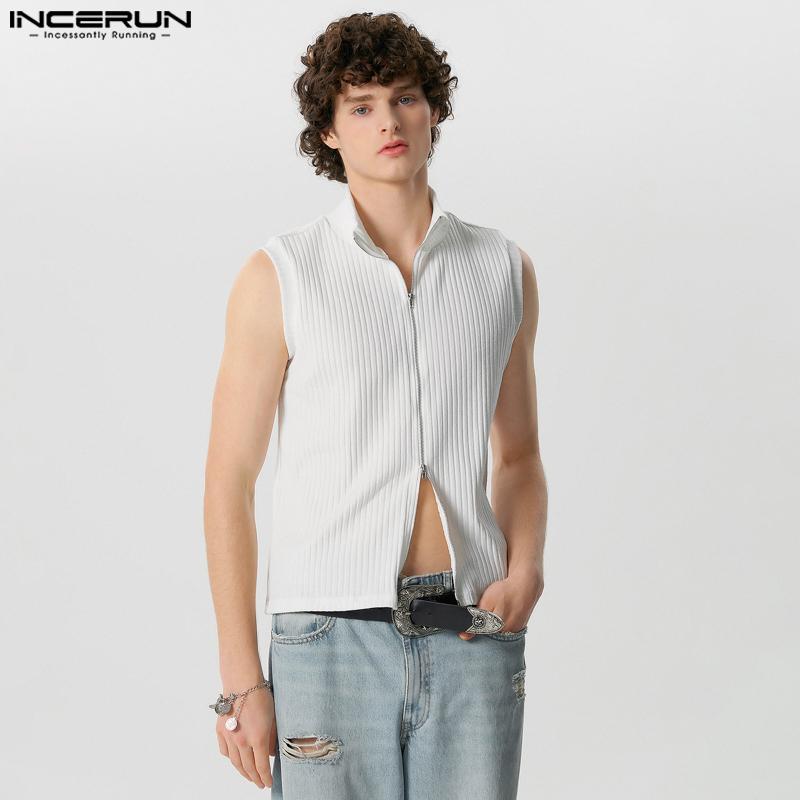 

INCERUN Men Summer Solid Vest Zipper Up Sleeveless Tank Tops