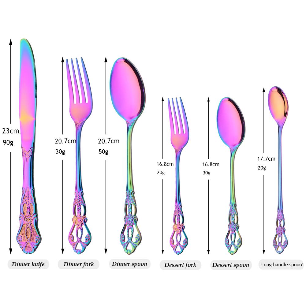 24Pcs Dinnerware Set Multicolor Cutlery Set Western Stainless Steel Tableware Vintage Knife Fork Long Ice Spoon Silverware Set