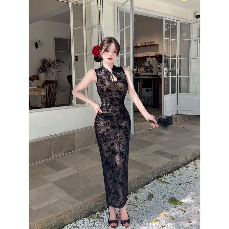 Guofeng 9733 New Chinese Style Floral Mesh Qipao Dress