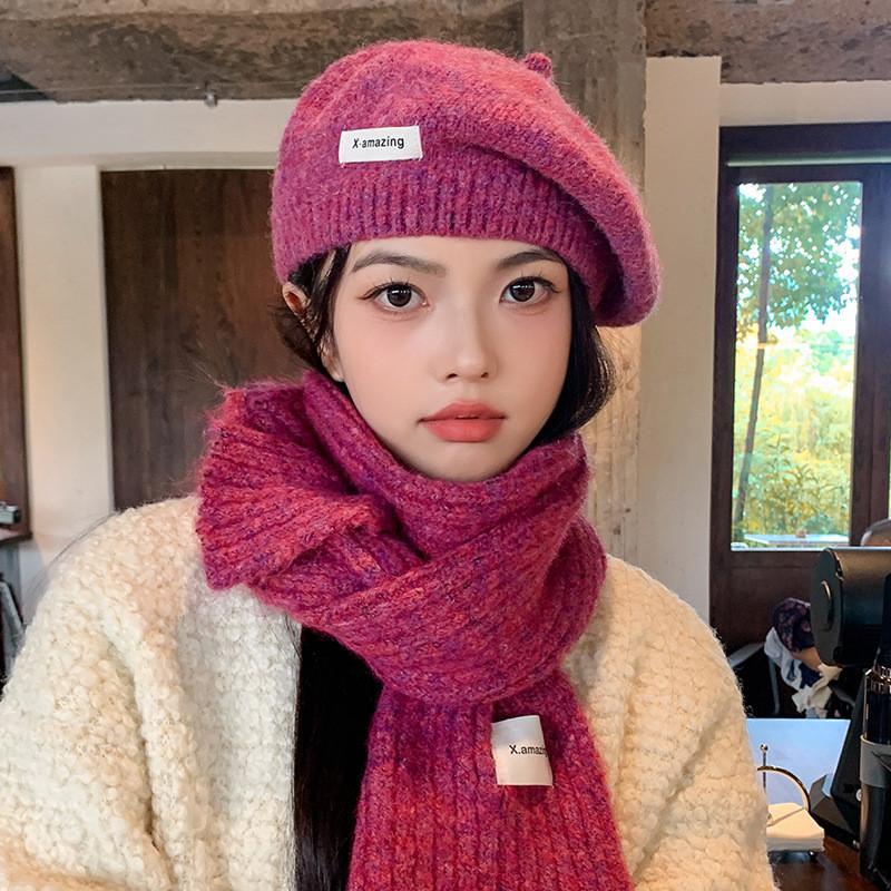 Autumn 2024 Knit Beanie And Neck Wrap With Soft Fabric For Winter Daily Use маджента