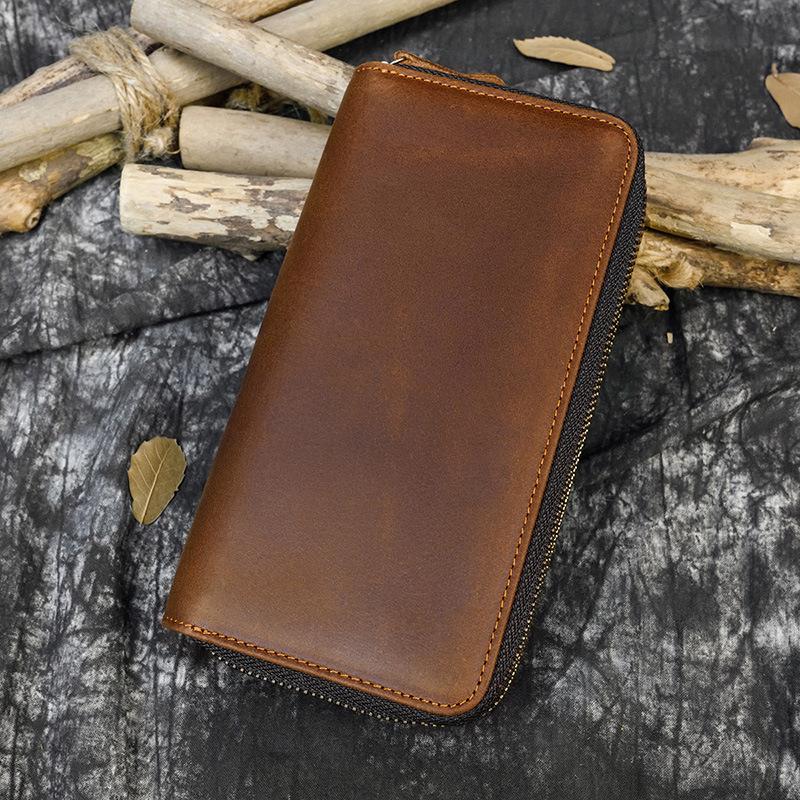 Men'S Crazy Horse Leather Long Wallet Genuine Leather Double Zipper Wallet Double Layer Wallet Men'S Crazy Horse Leather Clutch 1009