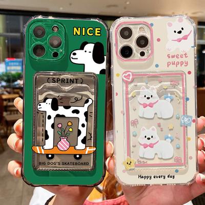 Transparent Card Slot Bag Holder Phone Case For iPhone 13 15 16 11 12 14 Pro Max XR XS X 7 8 Plus SE  Cartoon Cute Dog Cover