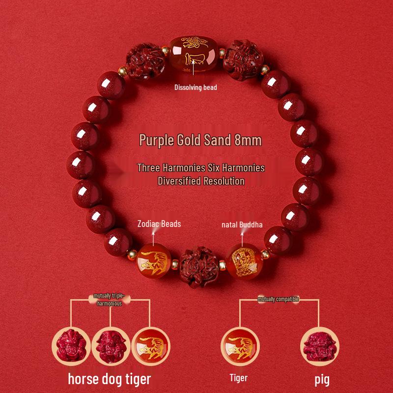 Genuine Cinnabar Hexagonal Bracelet for Men & Women - Three Horse Year Design