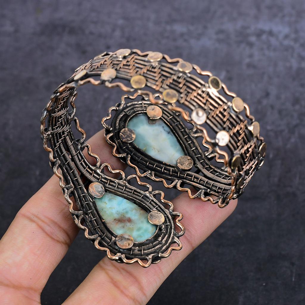 Republic Larimar Piatră Prețioasă Lucrat Manual Înfășurat În Sârmă de Cupru Manșetă Brățară Ajustabilă H7R18