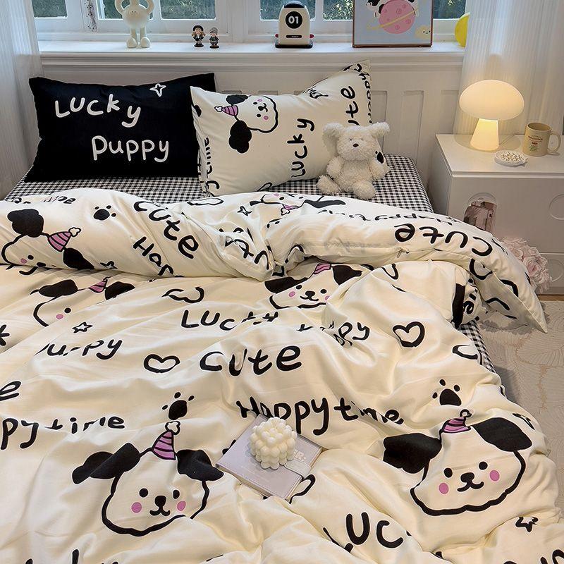 

Super Soft Cartoon Duvet Cover Four-Piece Set 1.5 Bed Sheets Fitted Sheet Single Dormitory Bed Three-Piece Set Non-Cotton Pure Cotton 150*200cm single quilt cover Lucky Dog