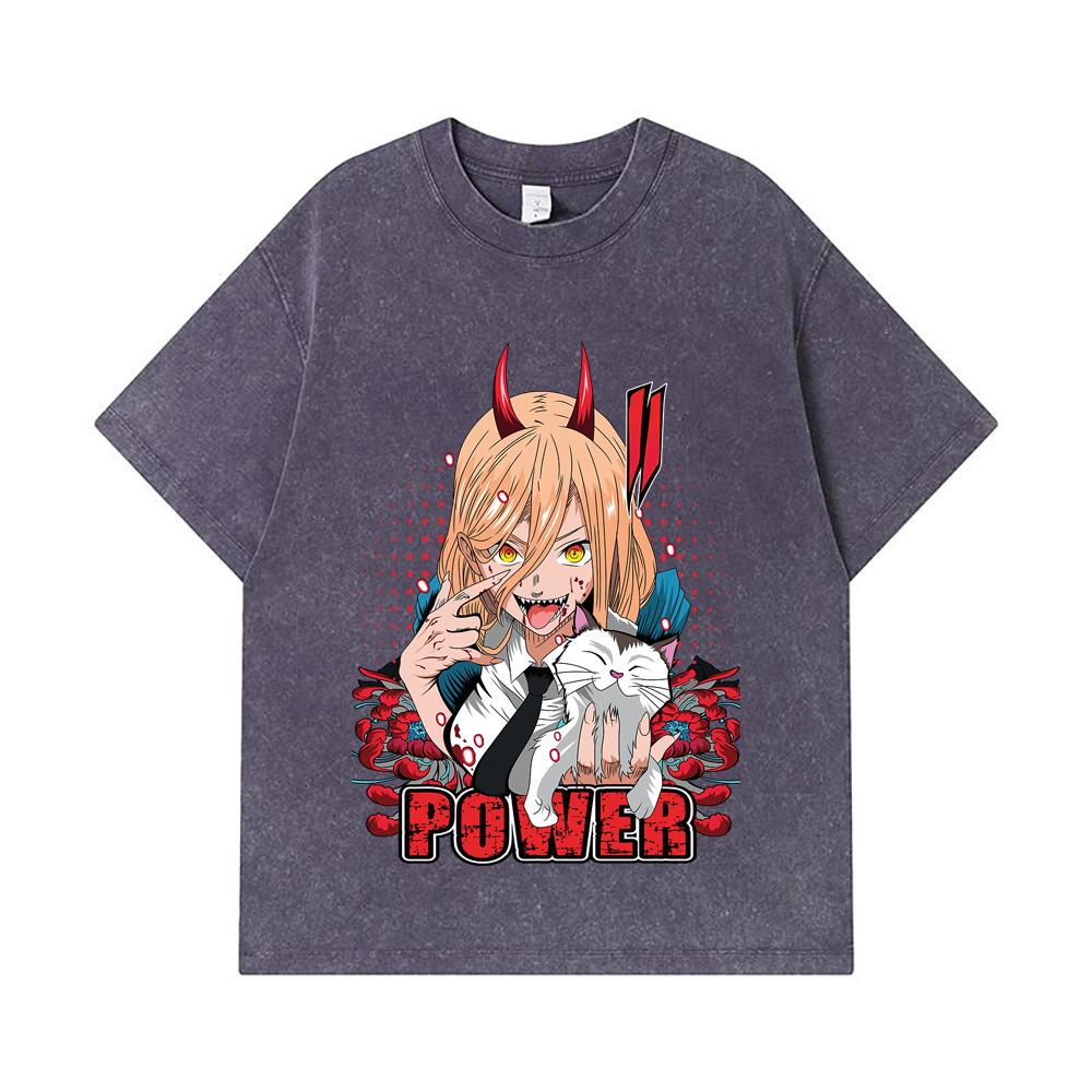 275 GSM Washed T-shirts 100% Cotton Chainsaw Man V51 Power Print Unisex Heavy Cotton T Shirt