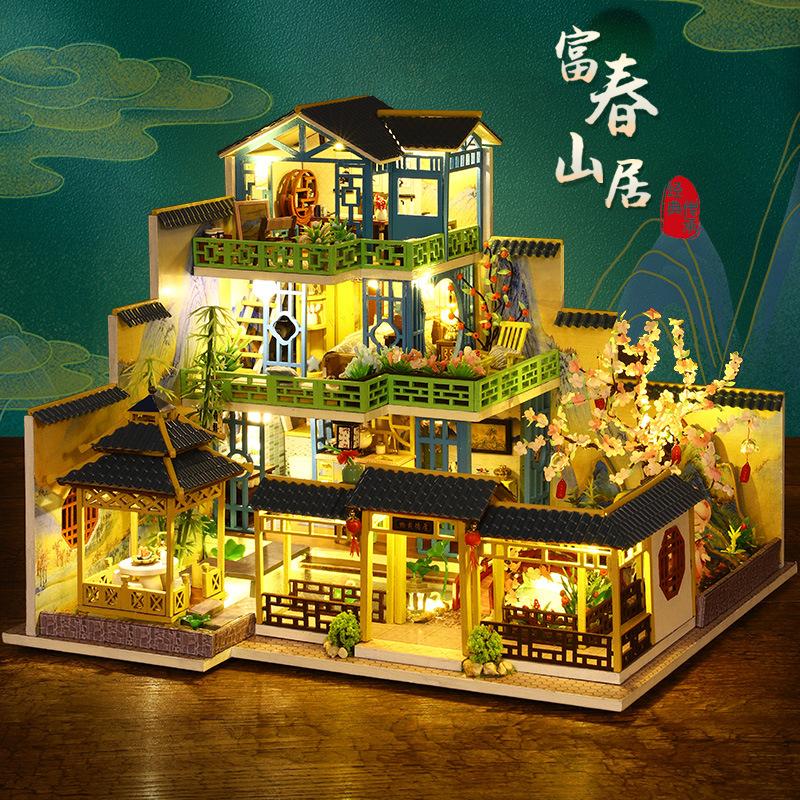 Jiate DIY Puppenhaus Fuchun Bergresidenz Handgefertigtes Holz Chinesischer Stil Großes Villenmodell Kreatives Geschenk für Mädchen