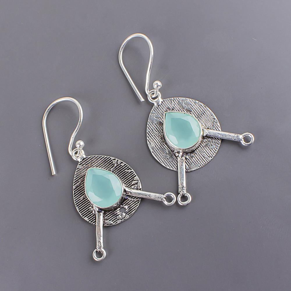 Bijoux en Pierre Gemme Calcédoine Aqua Argent, Boucles d'Oreilles en Argent Sterling 925, Bijoux de Tous les Jours Faits Main pour Femmes