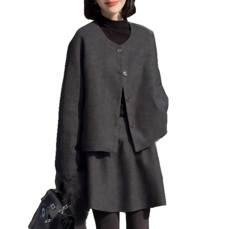 Korean High-End Wool Suit Set: Petite Women's Chic Autumn/Winter Coat & Skirt Two-Piece