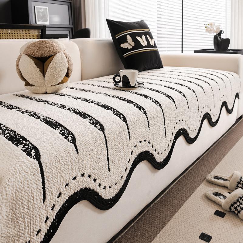 Premium Leather Sofa Cushion Autumn And Winter Plush New Four-Season Universal Fixed Non-Slip Straight Row Seat Cushion Cover