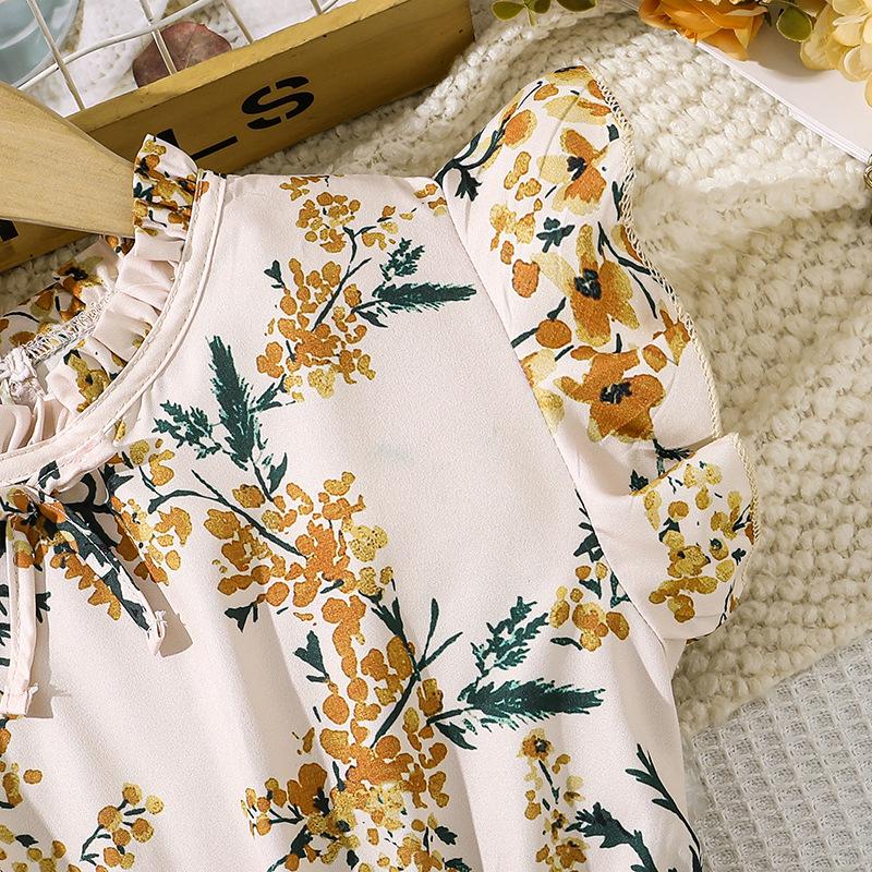 Kinderbekleidung Mädchen Sommerkleidung Französisch Retro Bedruckt Flatterärmel Mittlere Größe Kinder Tailliertes Plissee-Kleid