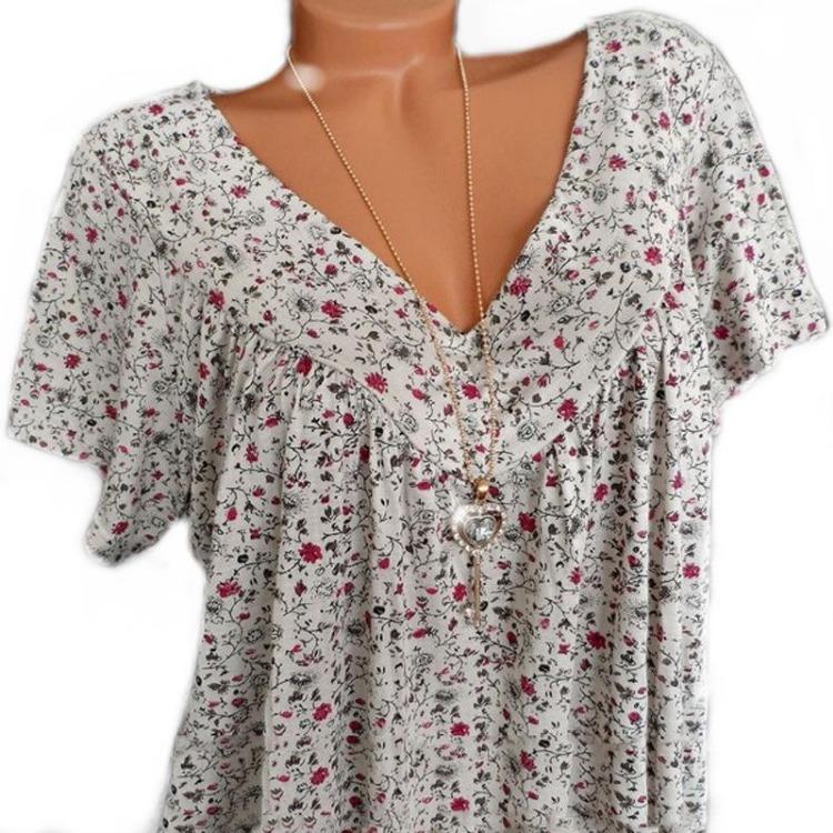Plus Size Women Summer Casual Loose V Neck Printed Short Sleeve T Shirt Top