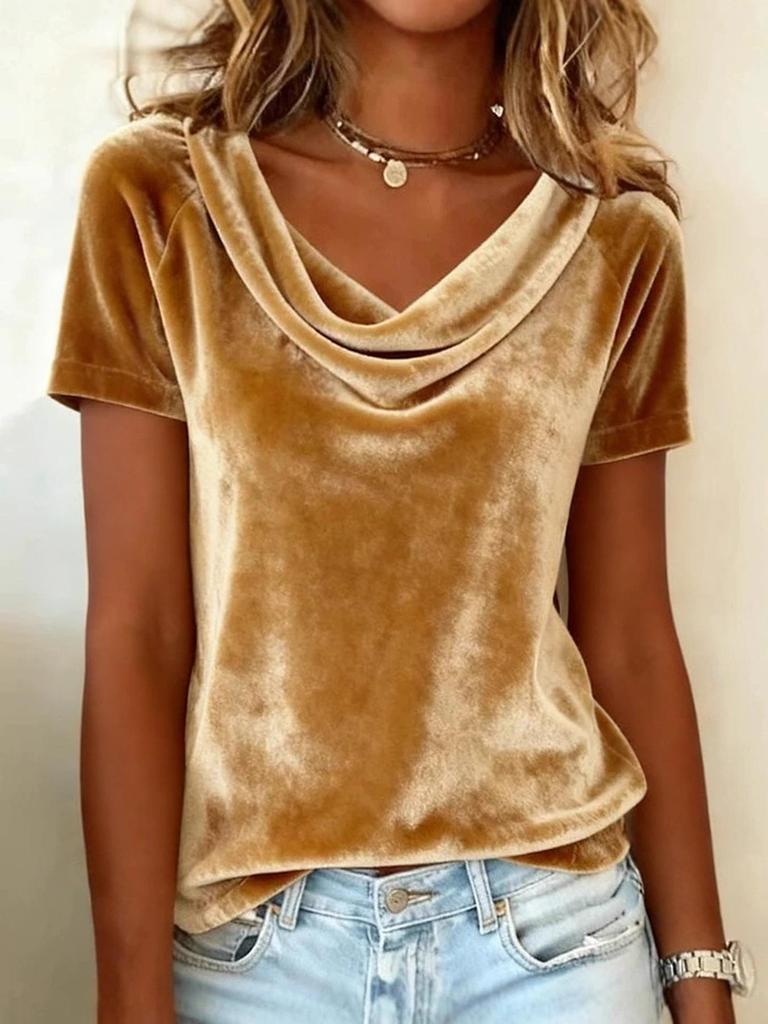 2025 Women's Fashion Solid Color Velvet Swing Collar Short Sleeve T-shirt