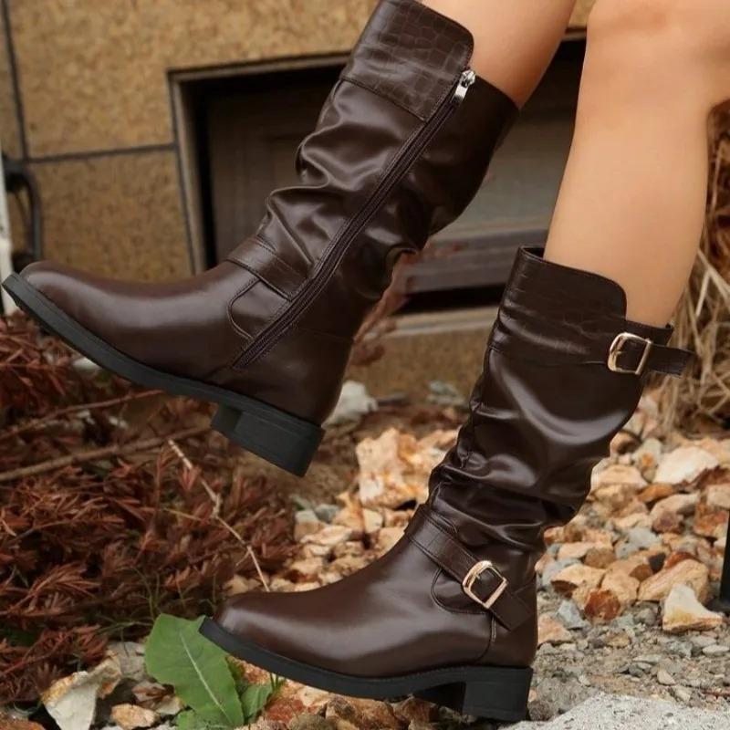 Belt Buckle Mid-Tube Boots Autumn New Round Toe Side Zipper Soft Sole Anti-Slip Wear-Resistant Single Boots