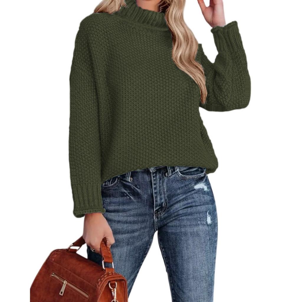 Fashionable Women's High-neck Knitted Sweater With Long Sleeves And Rolled Hem