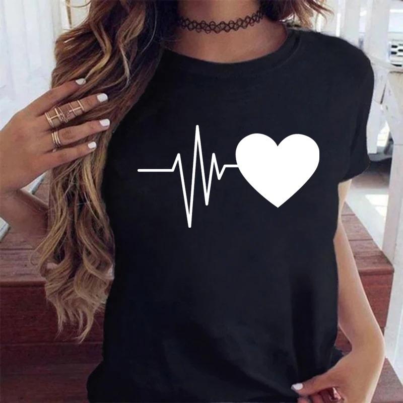 Comfortable Fabric TShirt Womens Summer Shortsleeve Shirt Tops Crew Neck Top Heartbeat Pattern Print Clothes Tops