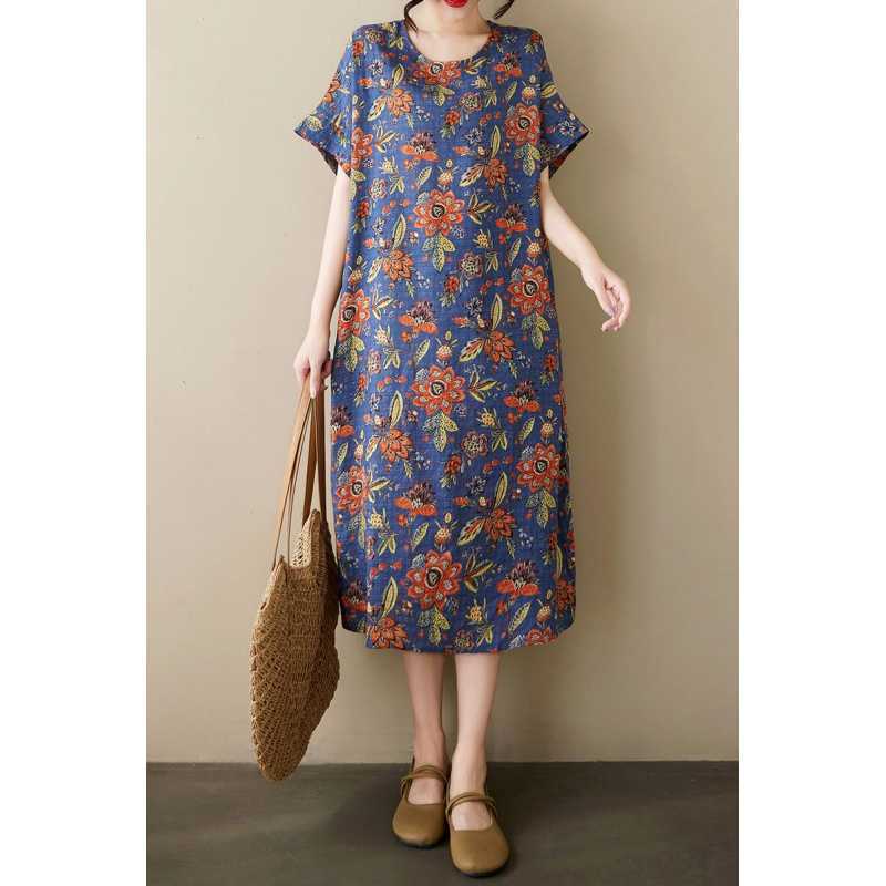 Sommer Dünnes Baumwoll- und Leinen Retro Midilanges Kleid mit Femininen Temperament