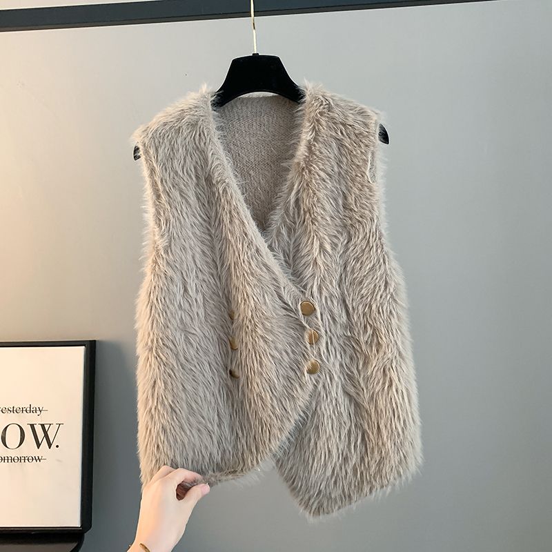 Women Loose Fit Knit Vest Cardigan 2025 New Faux Mink Fur Sweater Vest Spring Autumn Winter Outerwear