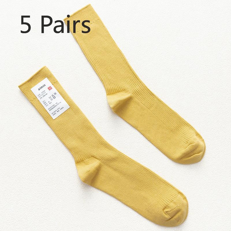 5 Pairs of Men's Retro Sweat-absorbing Vertical Striped Plain Color Cotton Mid Calf Socks