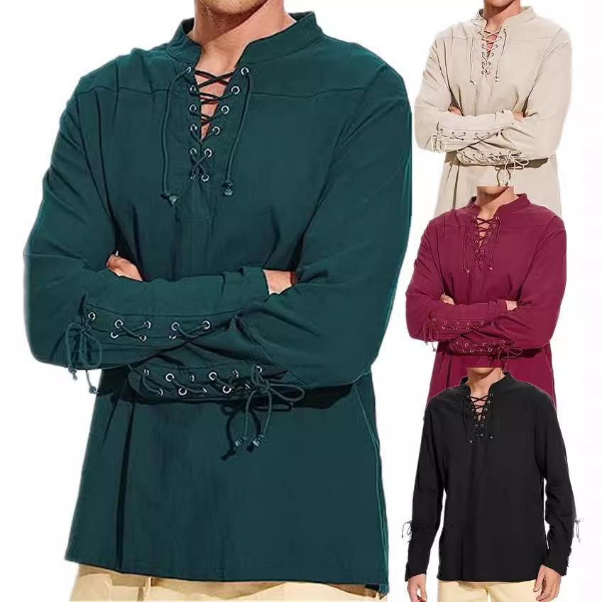 Men's Medieval Pirate Dress Stylish Streetwear Halloween Gothic Style V-neck Tops Solid Color Cotton Linen Breathable T-shirt