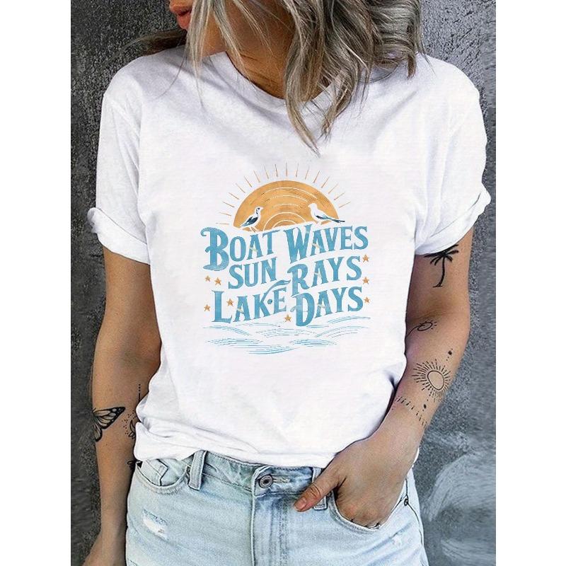 

Women s Boat Lake Print Comfy Casual T-Shirt S белый