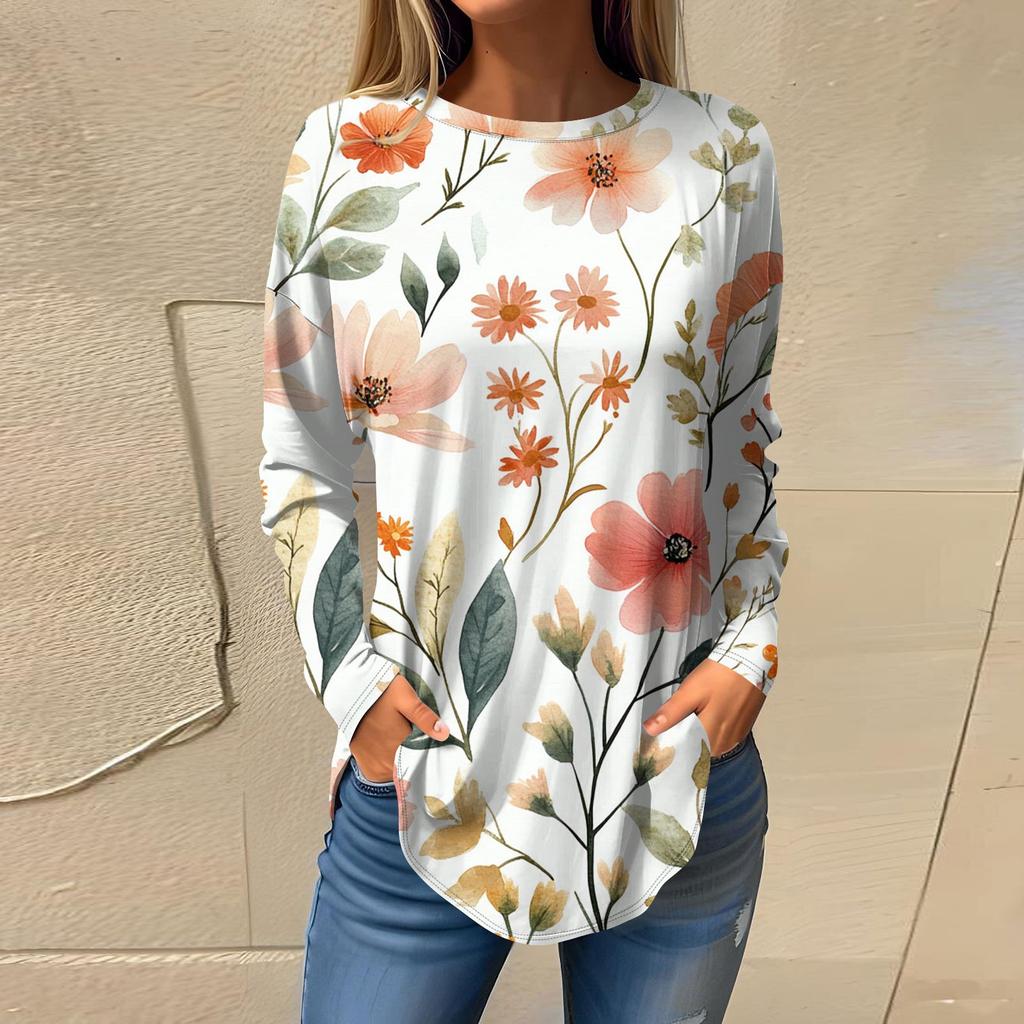 Women's Fashion Casual Round Neck Floral Long Sleeve T-shirt Pullover Long Sleeve Top