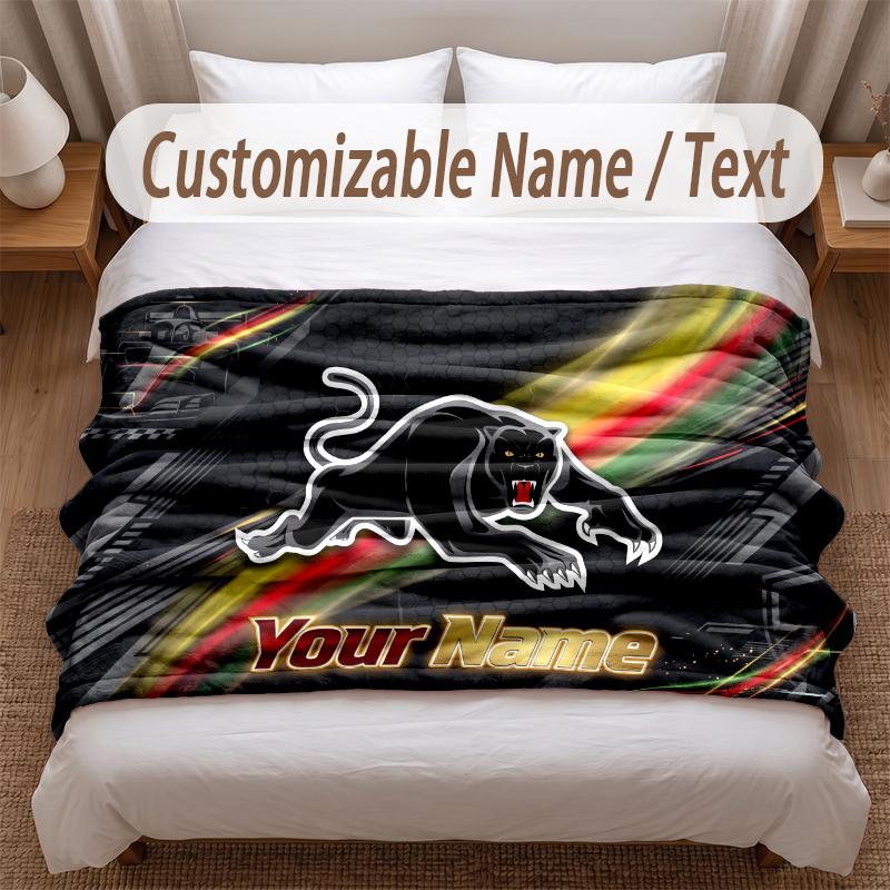 Penrith Panthers Printed Flannel Blanket Custom Name Text Soft Warm Throw For Bedroom Holiday Gift