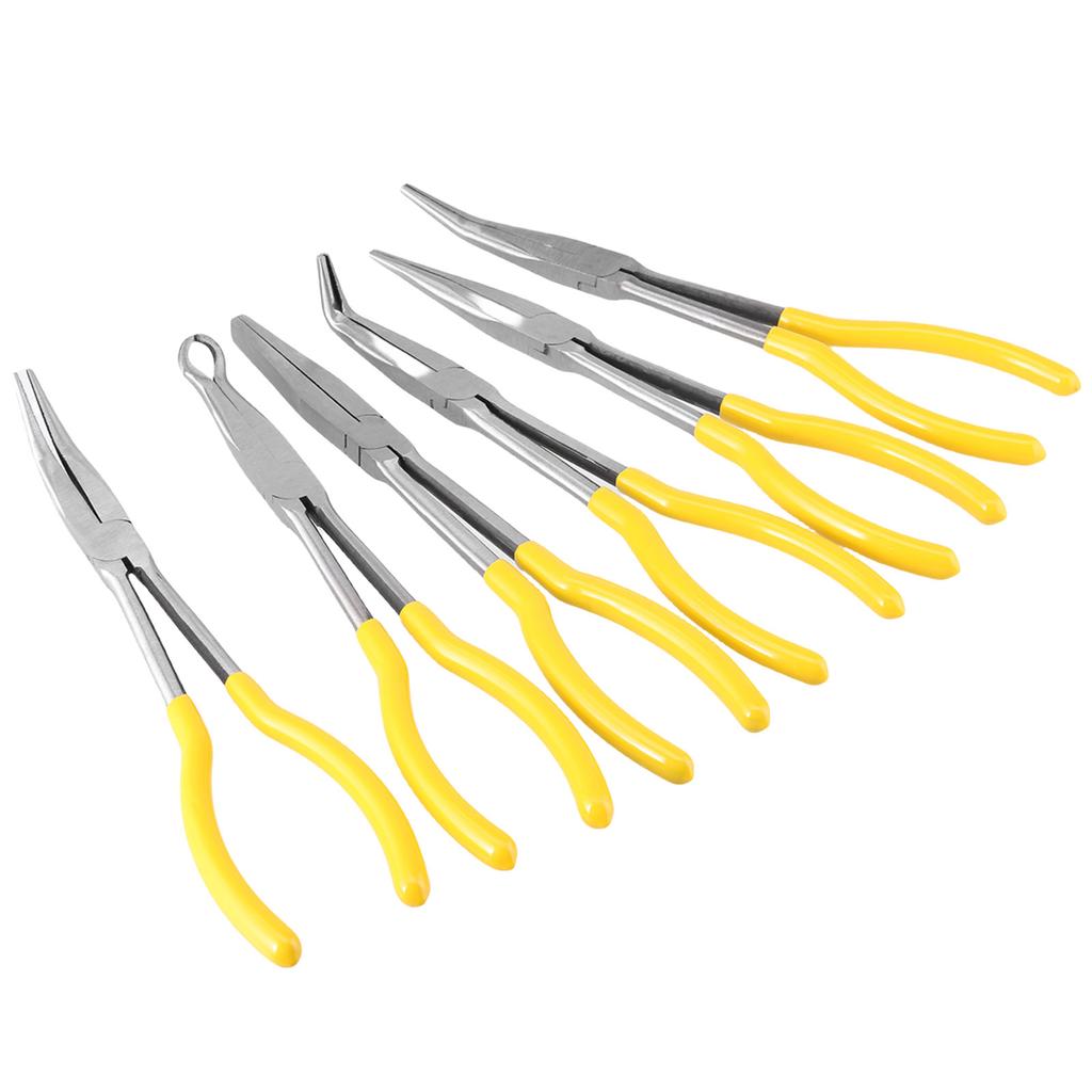11Inch Long Nose Pliers Set, 6Pieces with Straight 25, 45, 90 Degree, Flat & Round Tips Removal Tool for Precisions Work