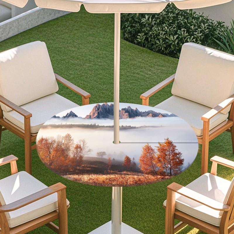 Outdoor Round Table Cover With Nature Print Waterproof Elastic Hem Patio Garden Deck