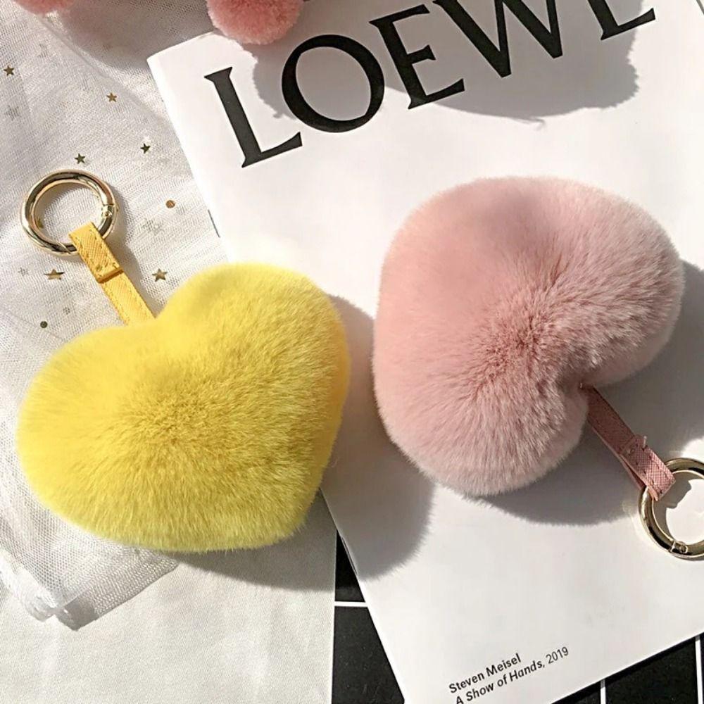Cartoon Design Heart Fluffy Fur Keychain Heart Shape Heart Plush Pendant Gift