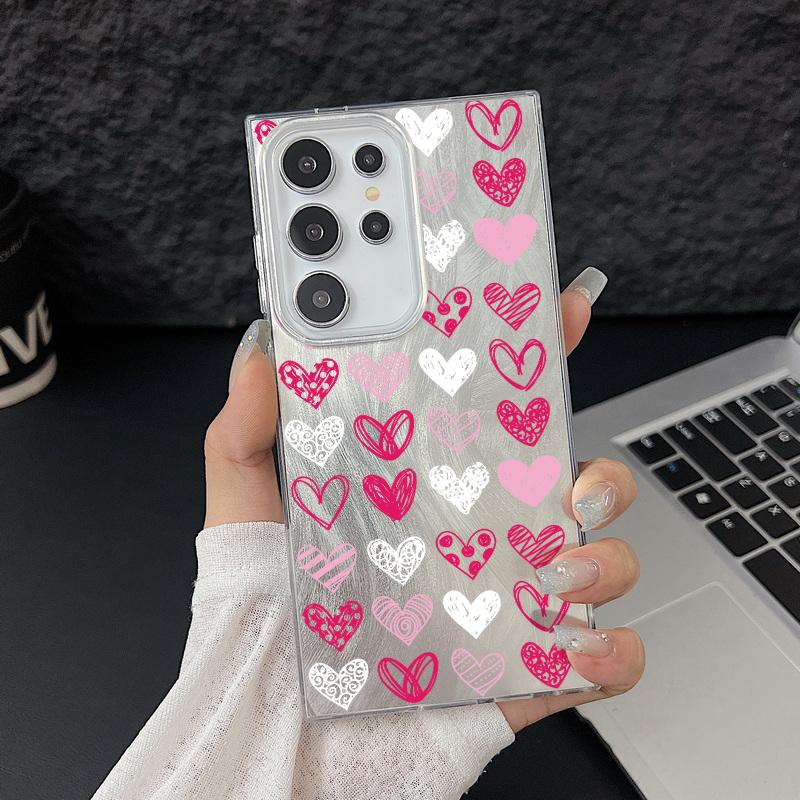 Handyhülle mit Glitzer-Feder-Print und Farbe „Love Hearts“ für Samsung S25 Ultra S24 FE S23 A16 A36 A55 A56 A35 A15, schlanke, stoßfeste PC-Rückseite mit Glitzer