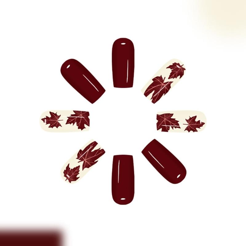 Autumn Winter Press On Nail Set of 24 Glossy Maple Leaf Design Easy Application Comfort Fit