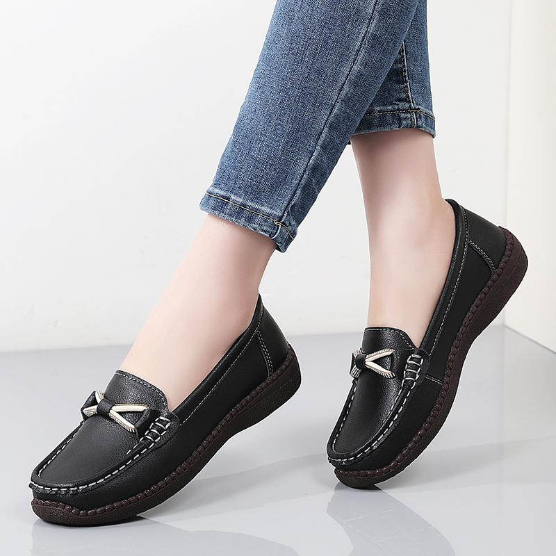 Women Simple Gold Loafers Leather Driving Moccasins Comfort Flats Black Casual Slip On Plus Size Black Shoes