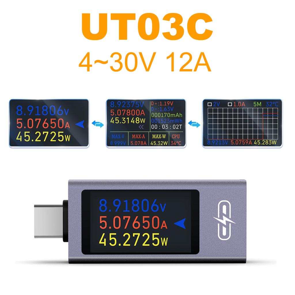 UT02C/UT03C Type-C Multi-function DC Voltage Ammeter DC 4~30V 12A Voltage Current Power Meter Phone Charging Tester Battery Test