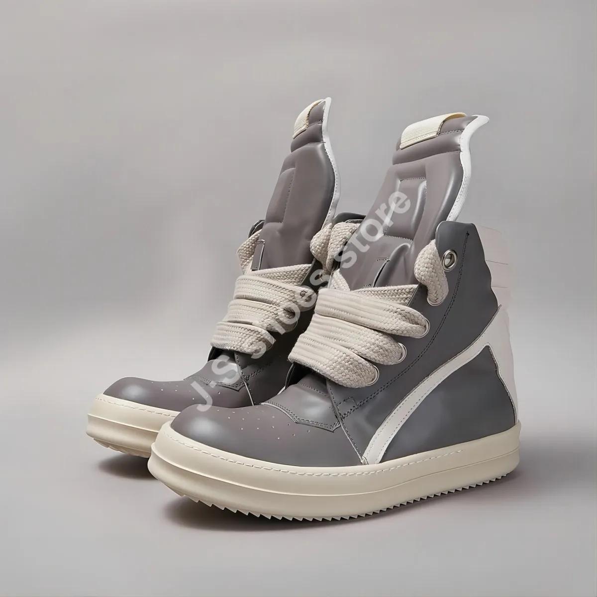 

R-o Classic Men Shoe High Top Shoes Women Sneaker Luxury Gray Leather Casual Boots Jumbo Laces Flat Sneakers Ankle Boot 48 серый