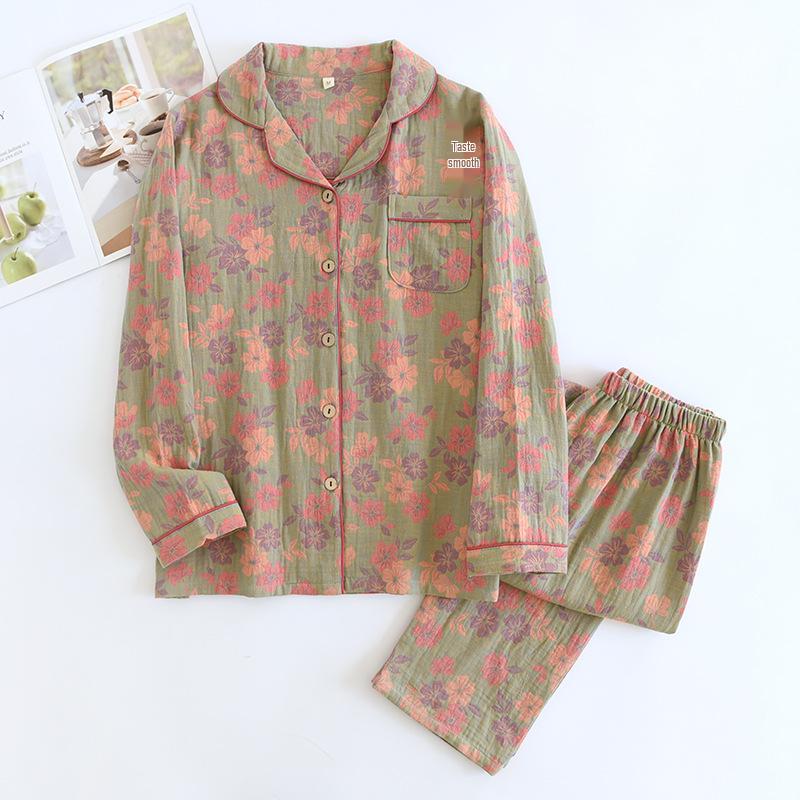 New 2024 Women's Floral Cotton Pajamas Set - Long-Sleeve, Turn-Down Collar, Double-Layer Gauze for Spring and Autumn.