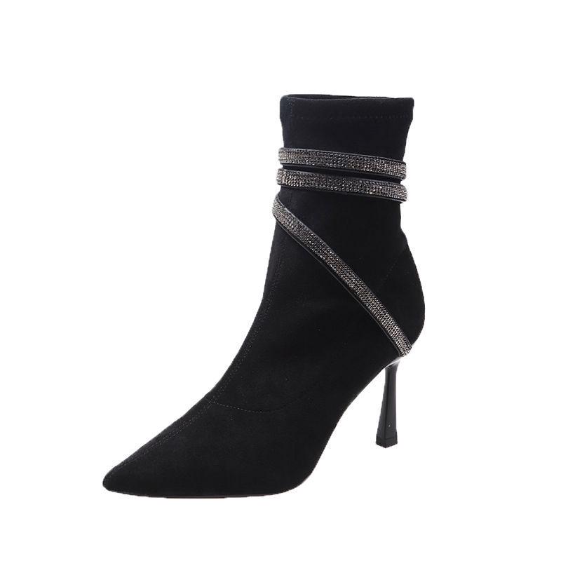 

2025 French Stiletto Ankle Boots: Autumn/Winter Pointed Toe, Elastic, Slimming, Sexy Fashion for Ladies 37 чорний