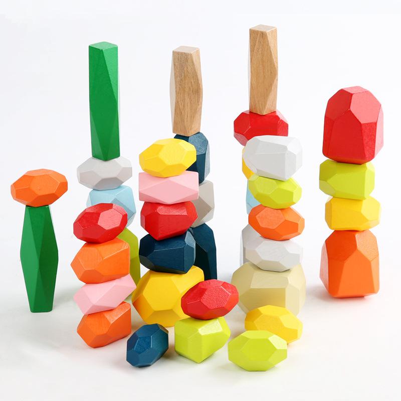Rainbow Balancing Stone Blocks Wooden Toys Montessori Colorful Building Blocks Rainbow Stacker Game Educational Toy For Children